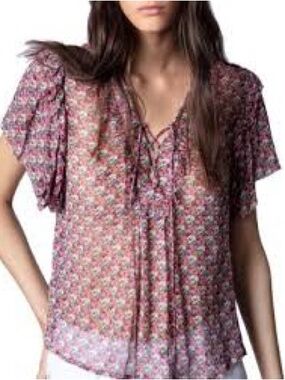 Zadig & Voltaire Pink Floral Tie-Front Flutter-Sleeve Blouse